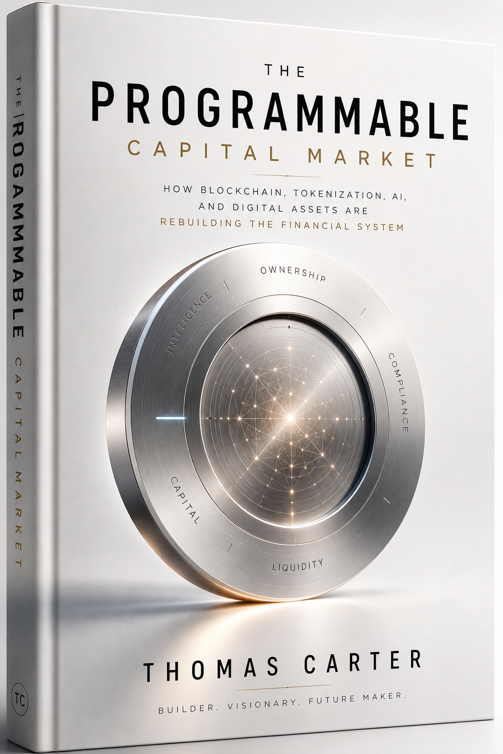 The Programmable Capital Market book cover by Thomas Carter, with a metallic circular design representing ownership, compliance, liquidity, capital, and intelligence